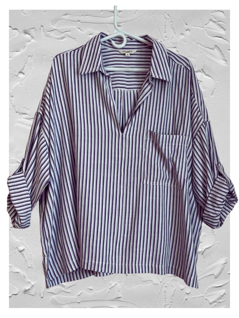 Max Studio 3X Striped V-Neck Collared Pullover Top Oversized Lagenlook Coastal